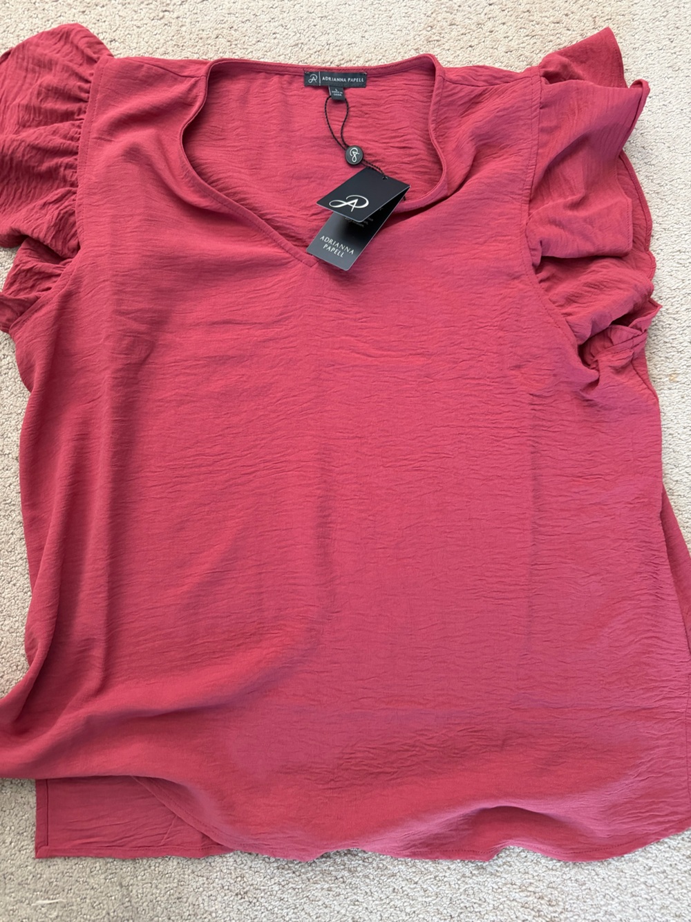 Adrianna Papell Rose Red Ruffle Sleeve V-Neck Top